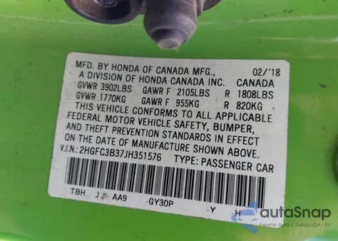 2018 Honda Civic Ex-T z USA, uszkodzony, nr VIN 2HGFC3B37JH351576